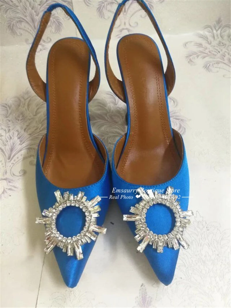 Luxury Satin Cup Heel Sandalias Mujer Sexy Back Strap Pointed Toe Crystal Buckle Individual High Heel Summer Sandals Women