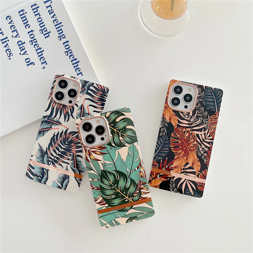 

Retro Laser Banana Leaf Flower Phone Case For iPhone 13 12 11 13PROMAX 12PRO 12PROMAX Electroplated Square Soft Frame Cover