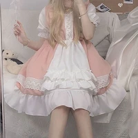 kawaii lolita maid dress pink goth puff sleeve japanese harajuku ruffle lace up soft girls gothic birthday party dress