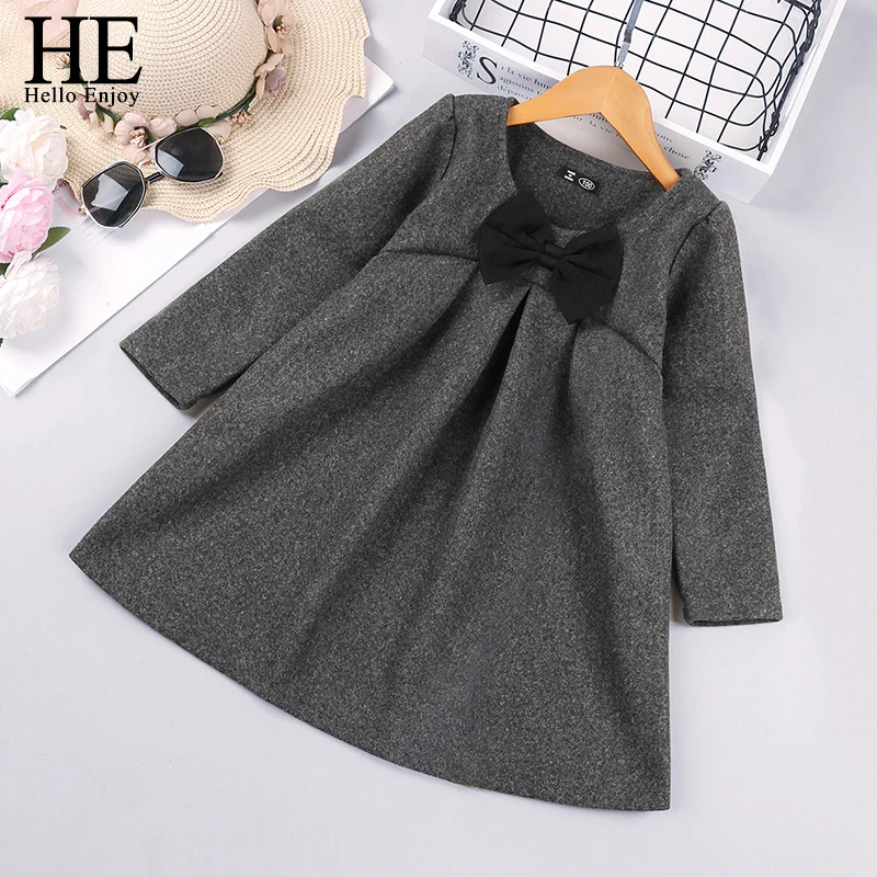 

HE Hello Enjoy Girl Fashion Solid Color Bow Dresses Winter Autumn Baby Casual Dress Kids Party Straight Children Cute Clothes