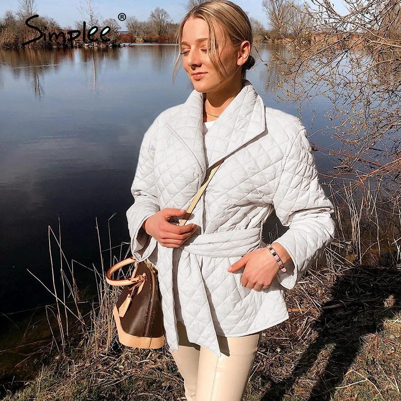 

Long straight winter Jacket with rhombus pattern Casual sashes women parkas Deep pockets quilted Coats stylish outerwear
