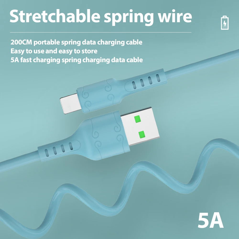 Выдвижной Автомобильный кабель 2 м USB Type C пружина 5 А Type-C шнур для быстрой зарядки