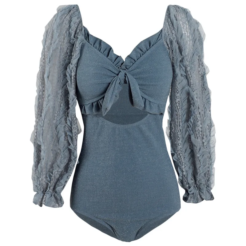 

High Waist Swimwear One Piece Girl Swimsuit Push Up For Teens Bathing Suit Women Trendy Sexy With Skirt Cover Long Sleeve Lace