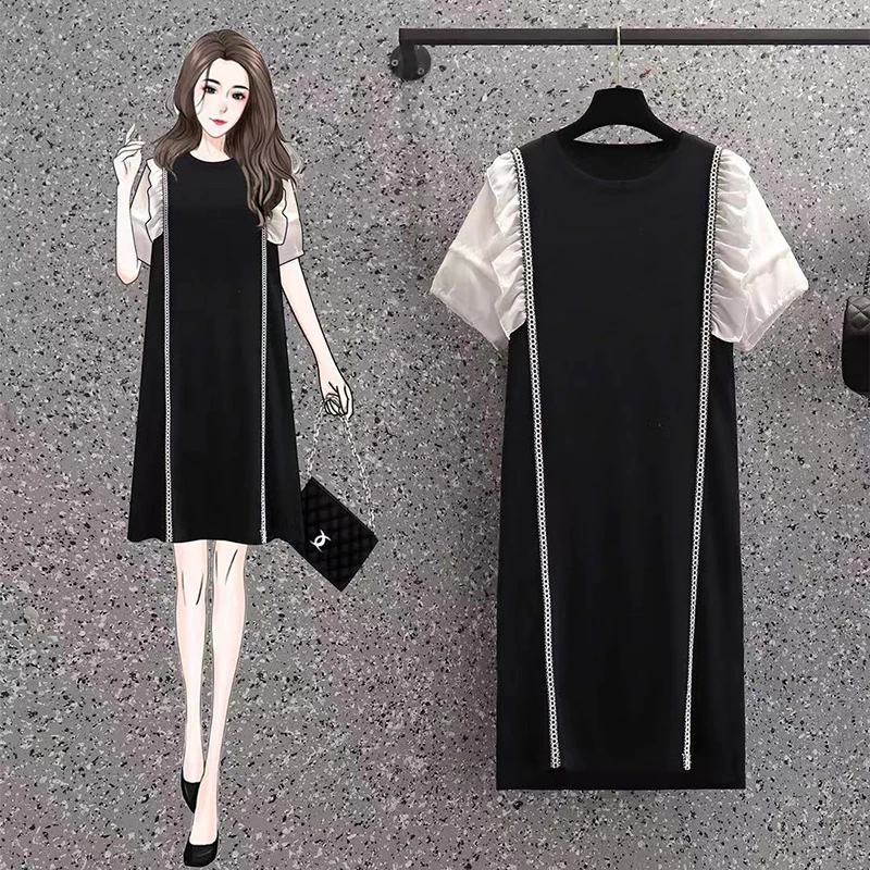 

EHQAXIN Summer Autumn O Neck Women's T-Shirt Dress 2021 New Fashion Spliced Knit Shirt Ruffle Sleeve Loose Straight Dress M-4XL