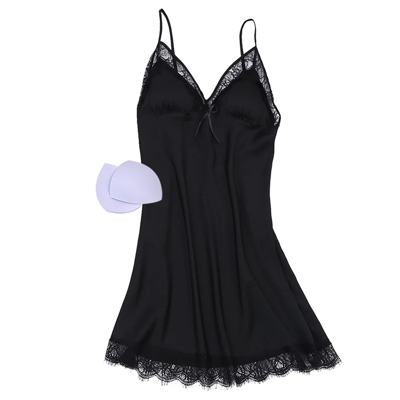 

Women Sexy V-Neck Backless Faux Silk Nightdress White Sweet Lace Bow Trim Spaghetti Strap Nightgown With Bra Casual Nightwear