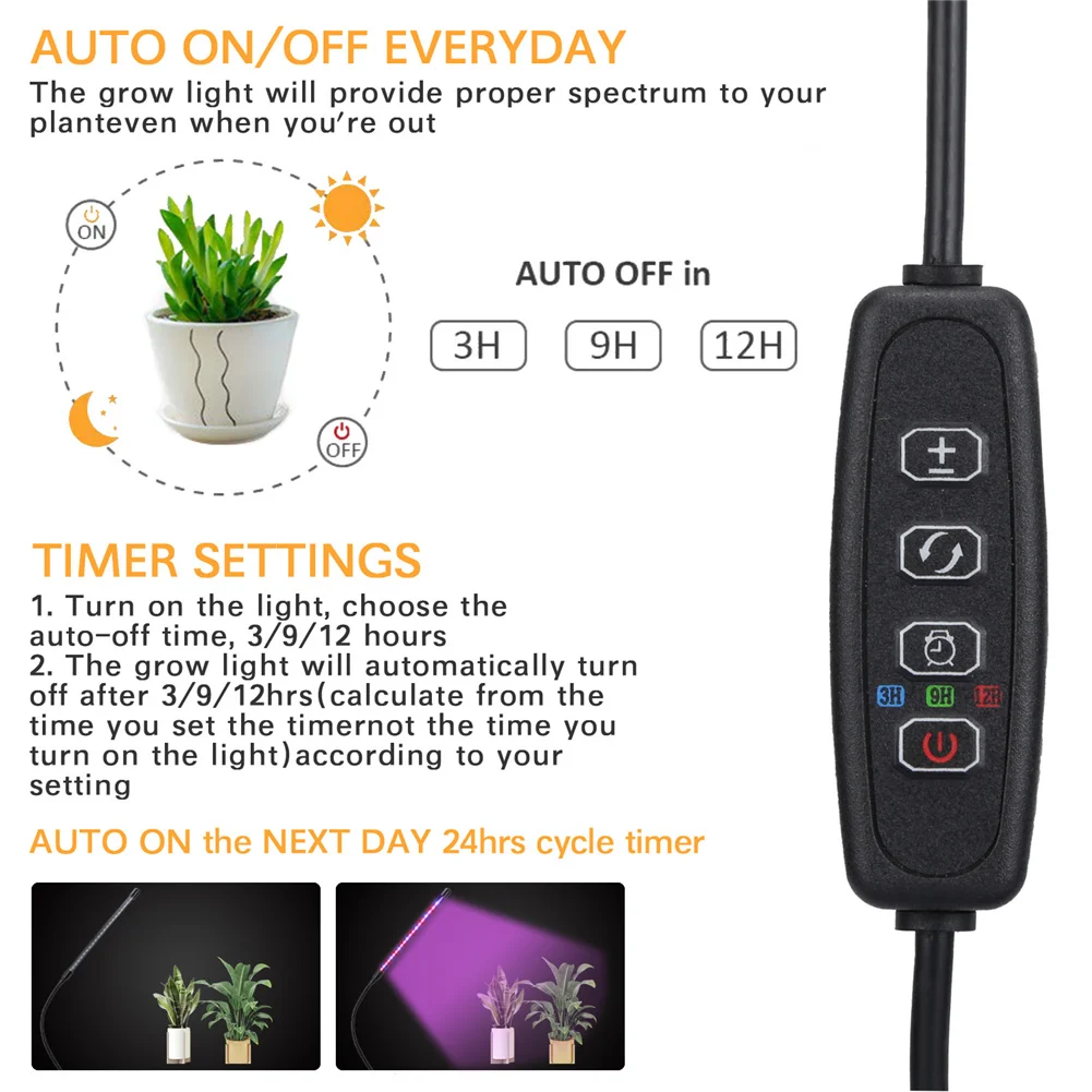 

LED Grow Light Clip-on Plant Lights Full Spectrum 9 Dimmable Levels 3 Timing Modes Growing Lights Phytolamp for Indoor Plants