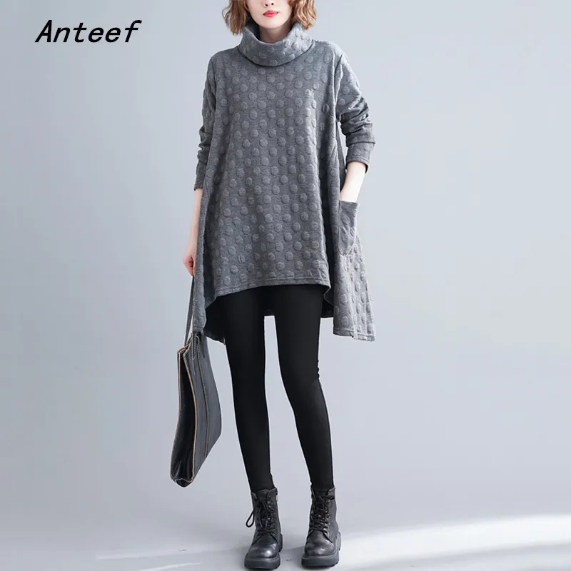 

Anteef long sleeve oversized cotton vintage dresses for women casual loose mini short autumn winter dress elegant clothing 2022