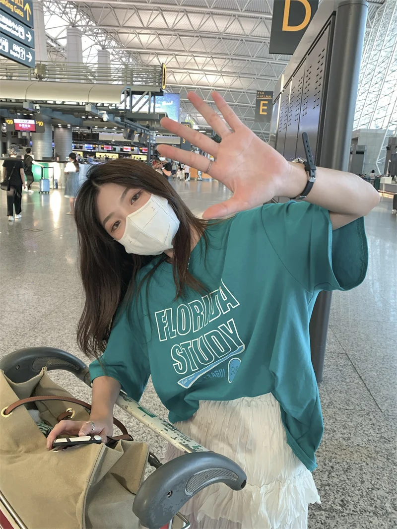 

YTX1465 Korean version of 2021 new letter printing loose large version all-match casual short-sleeved T-shirt