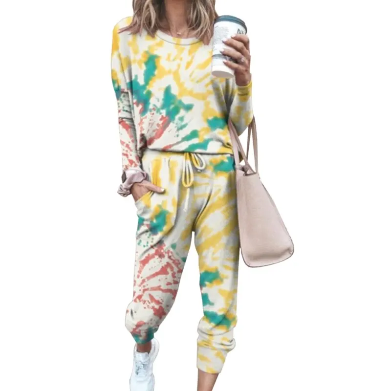 

2020 Autumn Winter Women Suits O Neck Long Sleeve Tie Dye T-shirt Bandage Pants Casual Home Sport 2 Piece Set Pocket Outfits