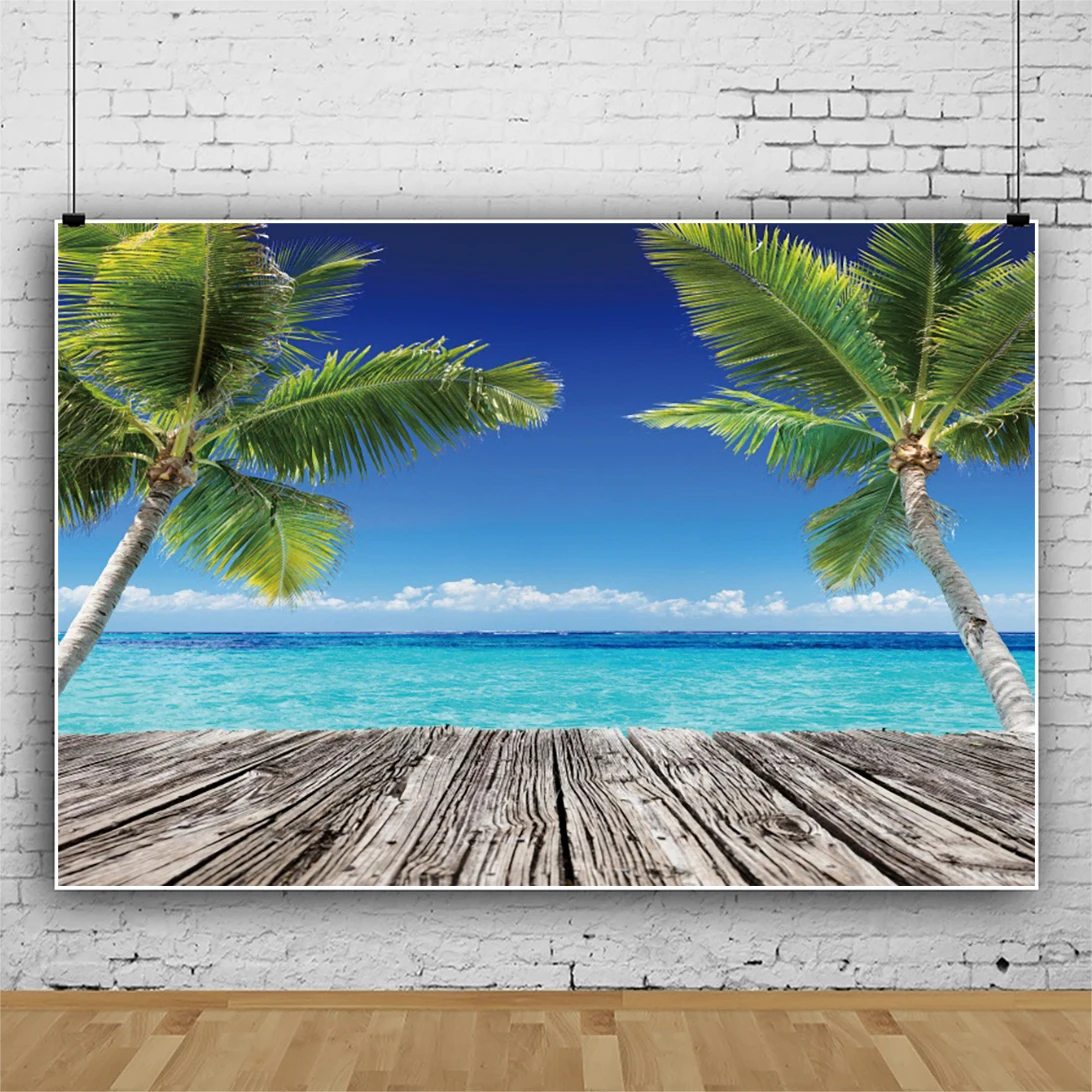 

Laeacco летние праздники тропический вид синее море небо кокосовое дерево старые деревянные доски семейный фото фон фотографические фоны