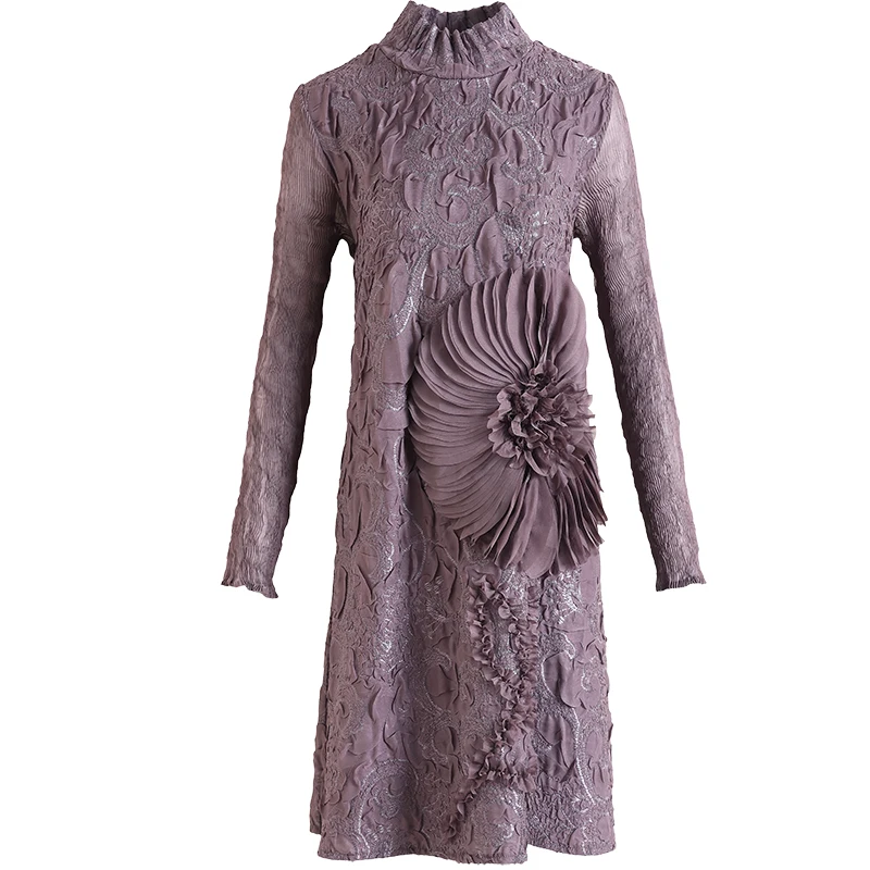 

Women Dress Plus Size Autumn 2020 New Fashion Long Sleeve Miyake Pleated Embroidered Loose A-Line Dress Above The Knees
