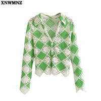 xnwmnz knitted jacket 2021 womens clothing low cut v neck long sleeves hollow crochet embroidered top ladies sexy pullover