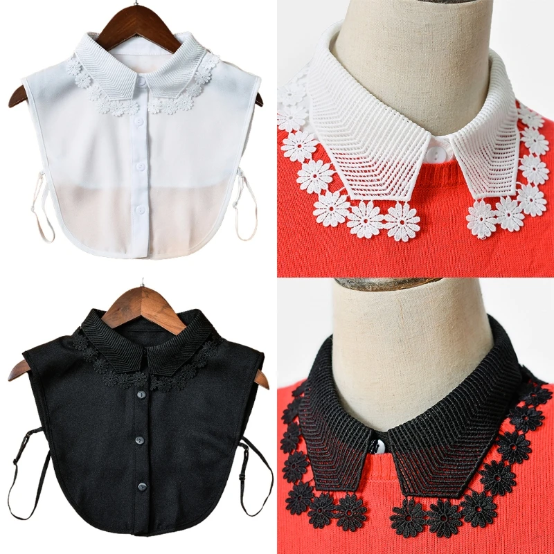 

Women Hollow Out Geometric Lapel False Fake Collar Sweet Floral Tassels Button Down Chiffon Detachable Half Shirt Dickey