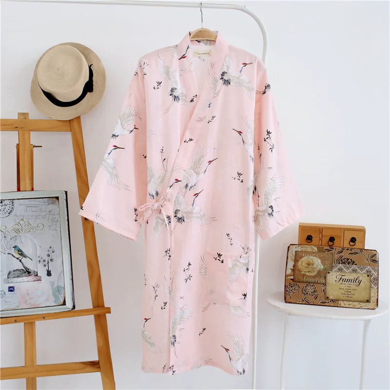 Summer Women Sleepwear Cotton Gauze Kimono Cherry Blossom and Bunny Long Robes Home Clothes Gowns Styles V-neck Bathrobe | Женская