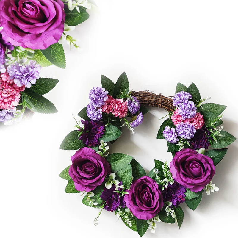 

New 45cm Purple Flower Artificial Rose Flower Wreath Door Wreath Summer Garland For Front Door Wedding Decor