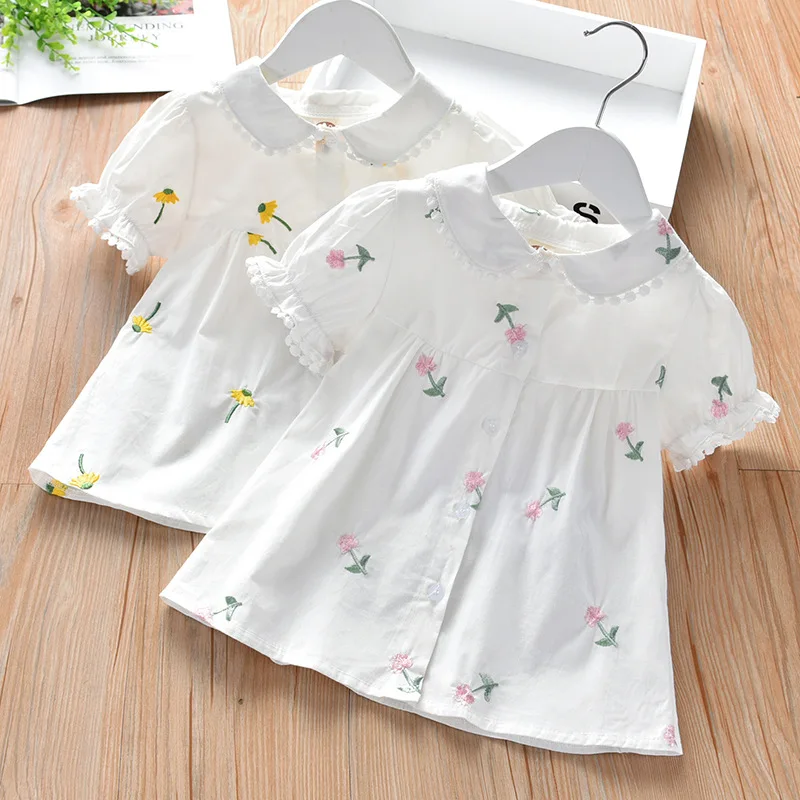 

Girls' shirt summer dress 2020 new Korean embroidery cardigan short sleeve top baby's white shirt