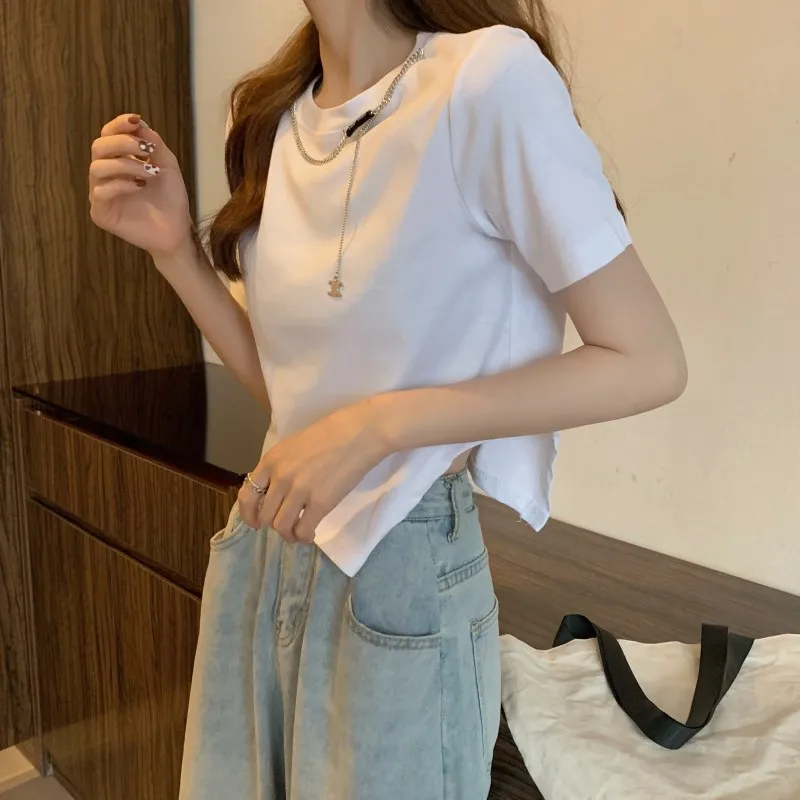 

2020 Summer Solid O Neck T Shirts Women Short Sleeve Short Tops Crop Tops Ladies Irregular slit short-sleeved t-shirt