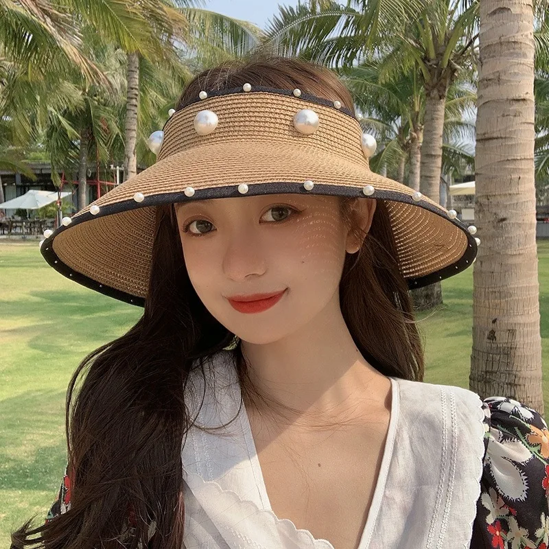 

QPALCR Summer Hats For Women Fashion Sun Hat Big Brim Pearl Beach Straw Hat Sun Protection Shading Ttravel Empty Top Cap