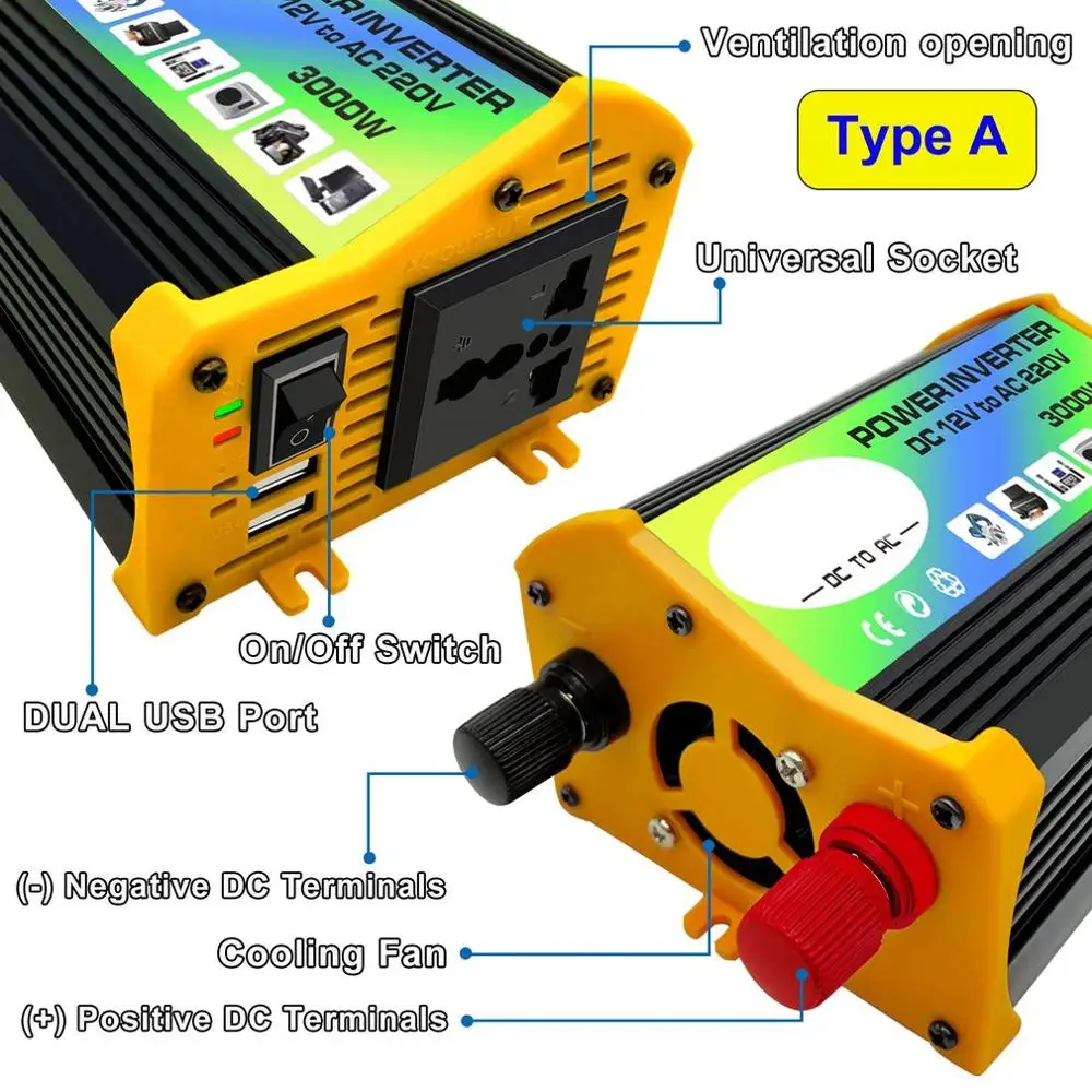 

3000W 12V to 220V/110V Dual USB Car Power Inverter Converter Charger Adapter Voltage Transformer Modified Sine Wave