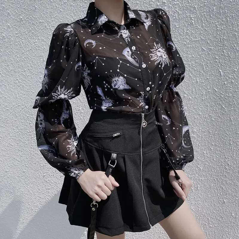 Свободная новая шифоновая рубашка с длинным рукавом принтом луны и звезд|Блузки|