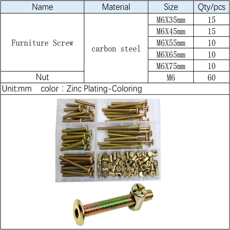 

M6X35-80mm Hex Drive Allen Socket Head Furniture Screw Metric Thread Hexagon Machine Bolt Barrel Nut Assortment Kit Steel Zinc