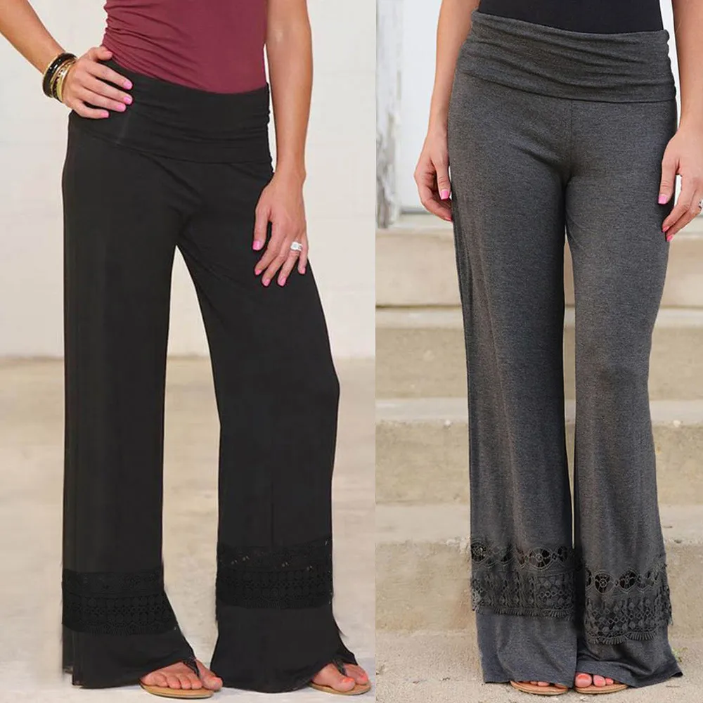 Новинка 2019 модные женские штаны с высокой талией кружевные Широкие леггинсы