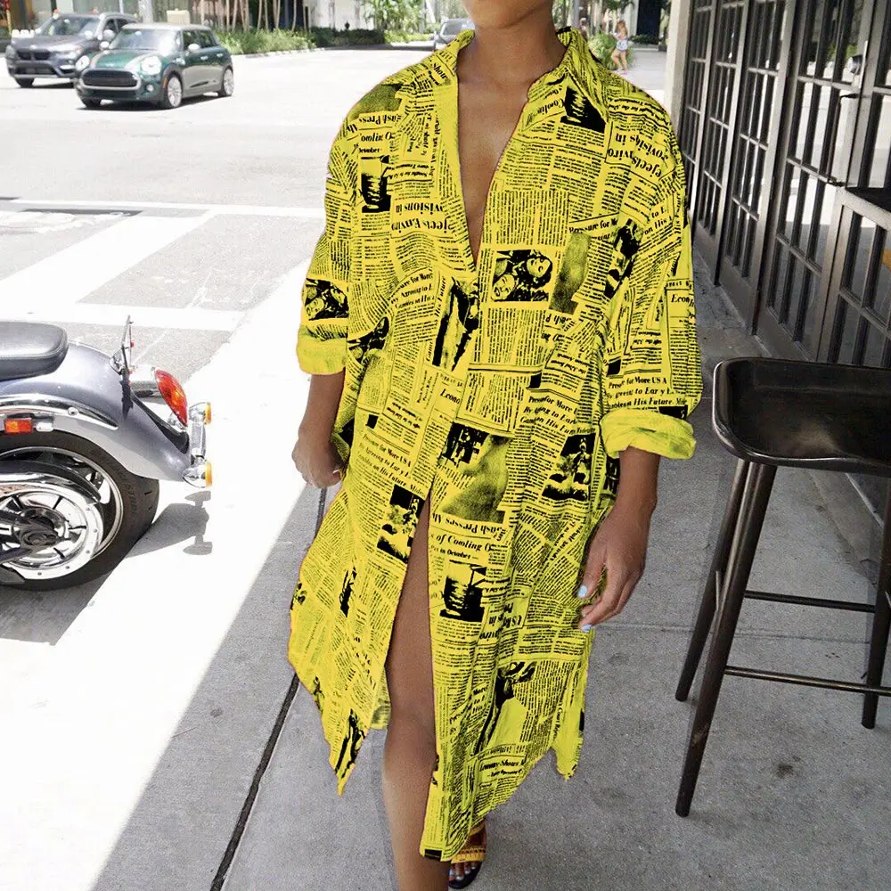 

Newspaper Print Long Sleeve Shirt Dress Women Turn-Down Collar Button Up Blouse Dress Ladies Streetwear Oversized Shirt Dress
