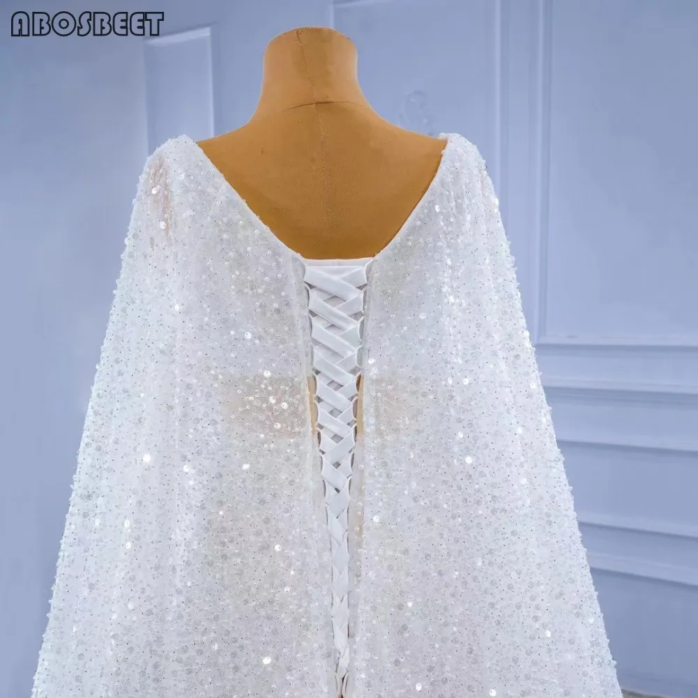 

Shining Mermaid Wedding Dress See Through Sexy Wedding Gown with Shawl Luxury Beads Feather Pearls Vestido De Noiva Lace Up Back