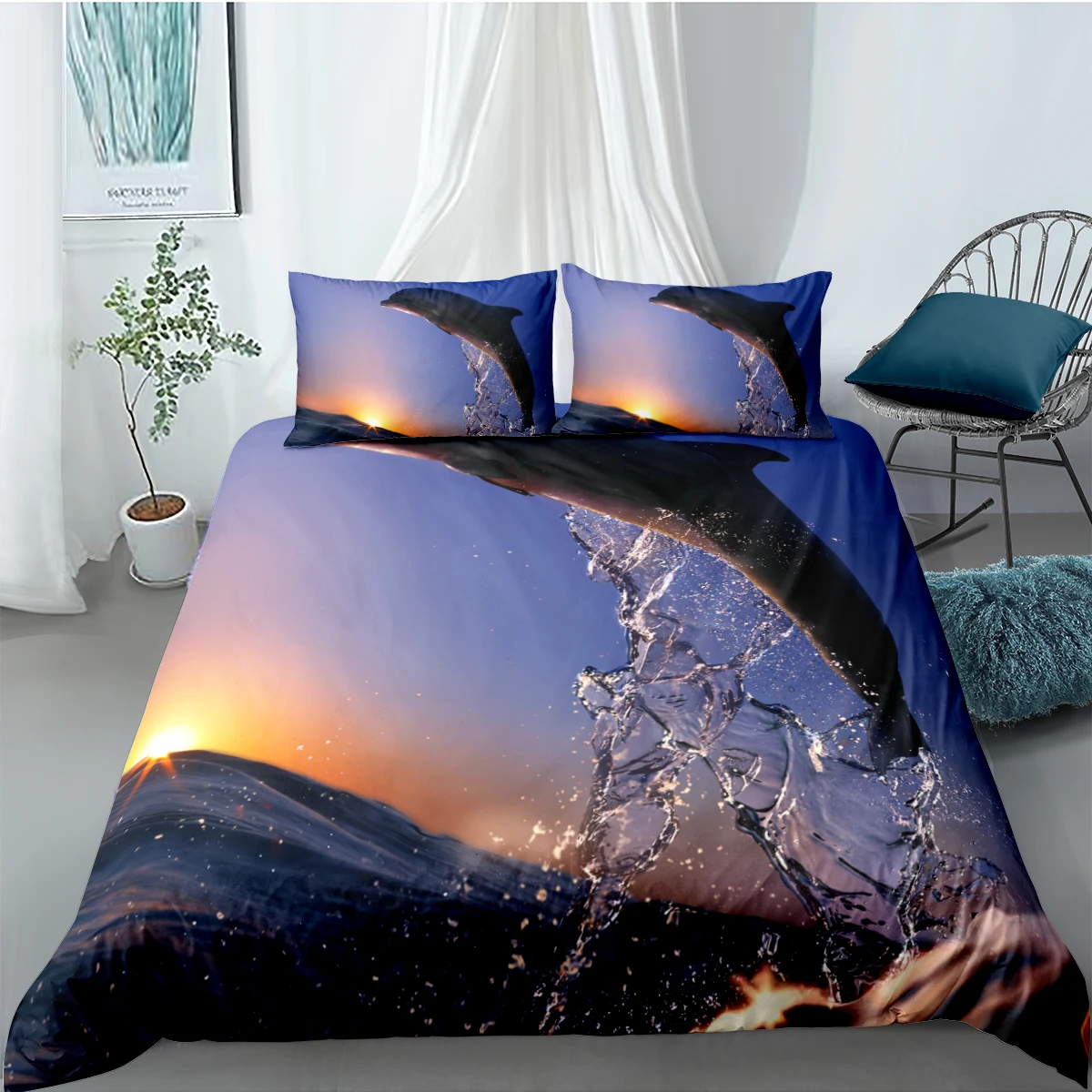 

3D Duvet Cover Sets Quilt Covers Comforter Case Set Bedding King Queen Full Twin Double Single Size Bed Linens Blue Dolphin