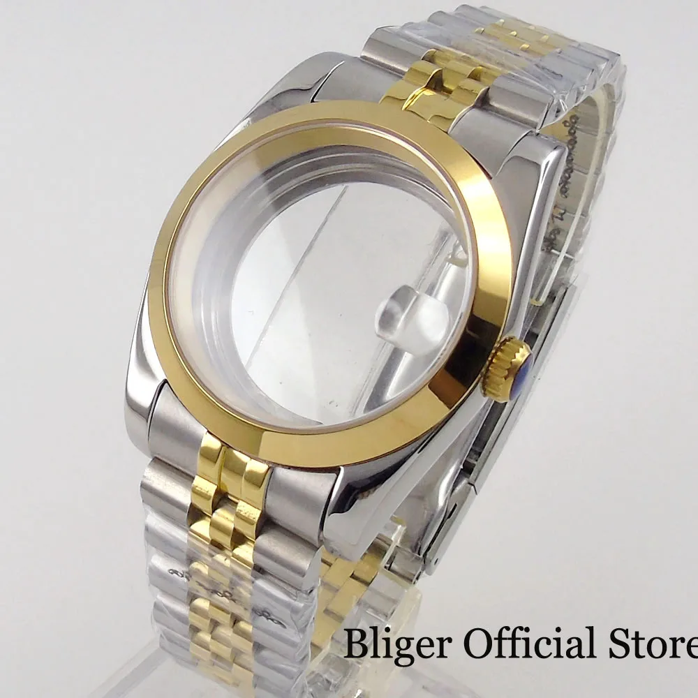 

BLIGER 36mm/39mm Two Tone Gold Polish Bezel fit NH35A ETA 2836 2824 MIYOTA PT5000 Watch Case Glass Back Jubilee/Oyster Band