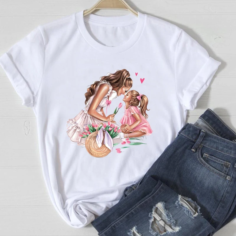

2021 Aesthetic Urban T-shirts for Girls Vintage Outdoor T-shirt Women's Summer Clothes Family Four Fashion Cartoon Printed Tops