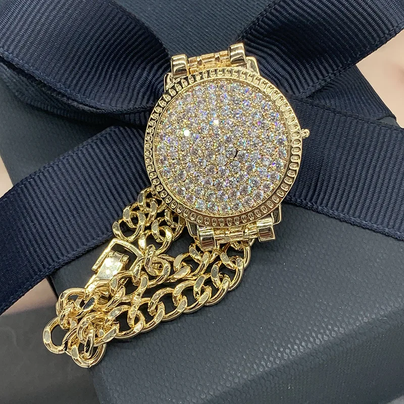 

Golden full pick round watch shape bracelet buckle double row chain bracelet ins niche light luxury net red jewelry