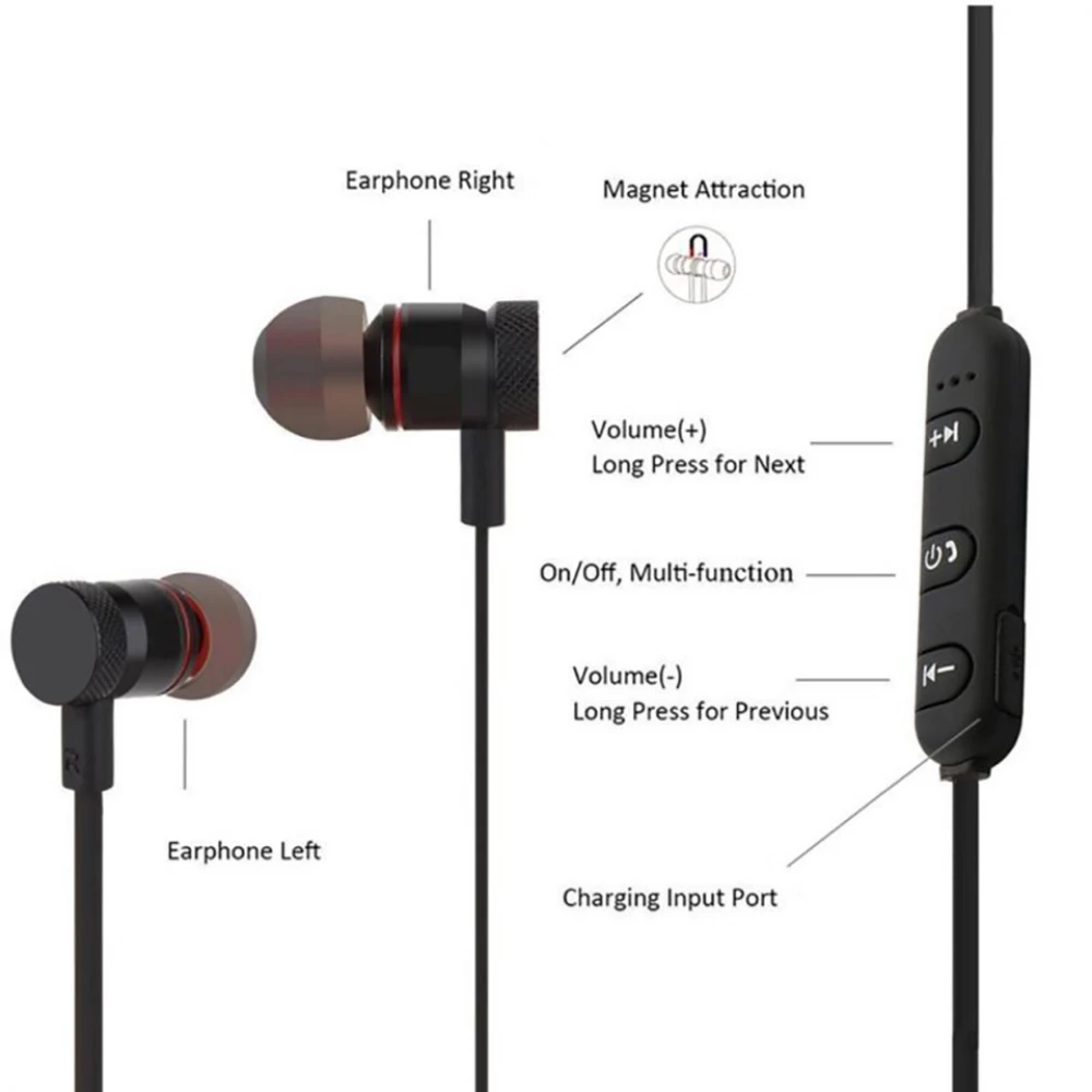 Магнитные Bluetooth наушники беспроводные металлические стерео с басами и