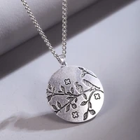 retro women necklace round tag charms branch leaf carve necklace pendants chain necklaces jewelry for men gift