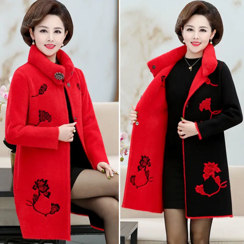 

Middle Aged Women Mandarin Collar Faux Mink Fur Overcoat Female Thick Warm Cardigans Ladies Flower Embroidery Knit Outcoat Z177