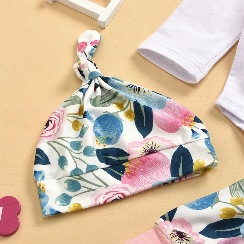 

4pcs Toddler Infant Baby Girls Sets Little Girl Long Sleeve Tops Romper Long Pants Hat Newborn Outfits Set Casual Clothes