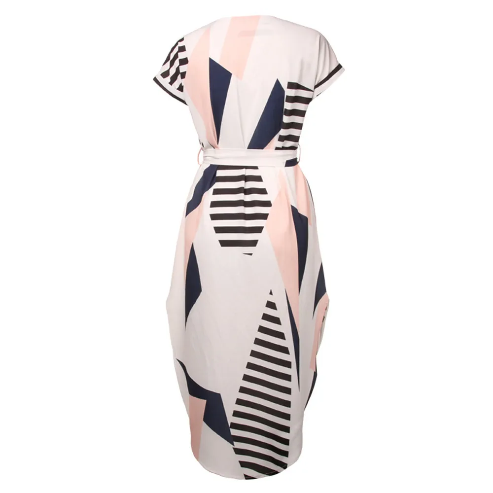 

Women Dress Fashion Elegant Asymmetrical Geometric Print Dresses With Belt Sundress 2021 Bohemian Female Dress Plus Size Vestido