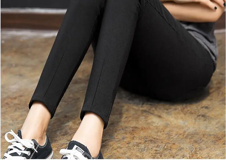 Thin No Split Корейские плотные узкие брюки для женщин, зимние теплые обтягивающие женские брюки с бархатной подкладкой, однотонные облегающие Женские брюки размера плюс, черные - Цвет: Thin No Split