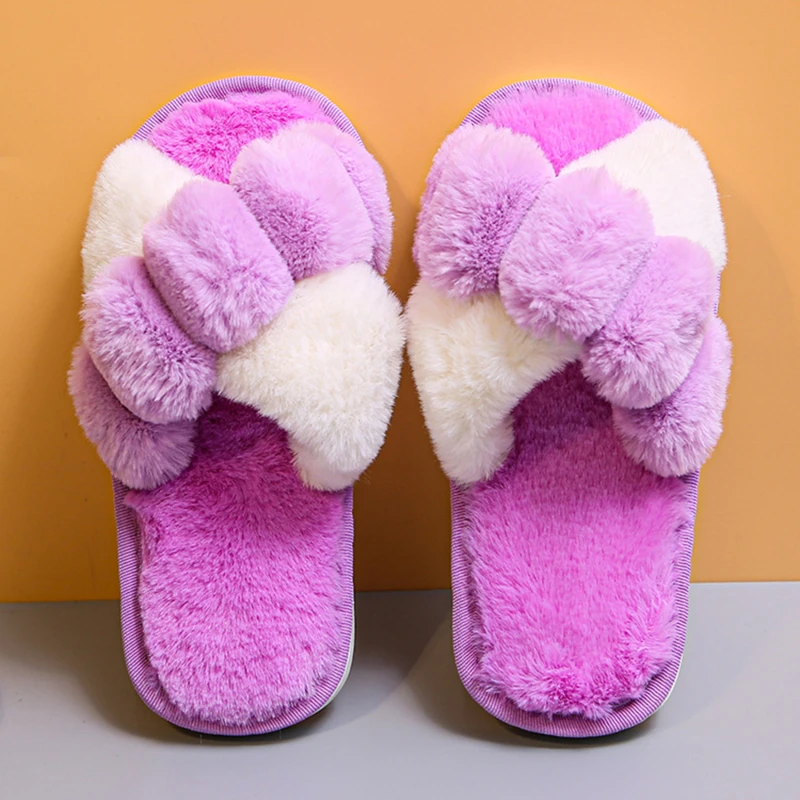 

Women Warm Fluffy Slippers Cozy Faux Fur Cross Indoor Floor Slides Flat Soft Shoes Lady Female Comfortable Quality Flip Flop