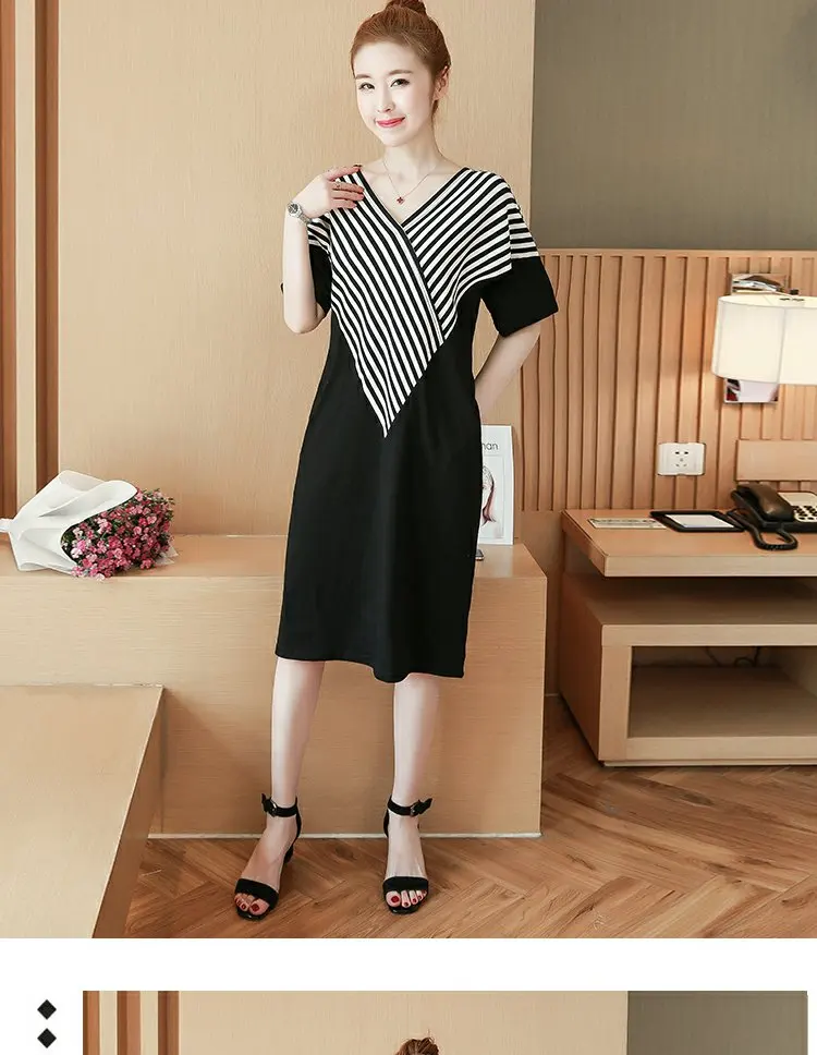 FJ1347B-2020 summer new large size women's short-sleeved V-neck t-shirt casual mid-long striped dress women | Женская одежда