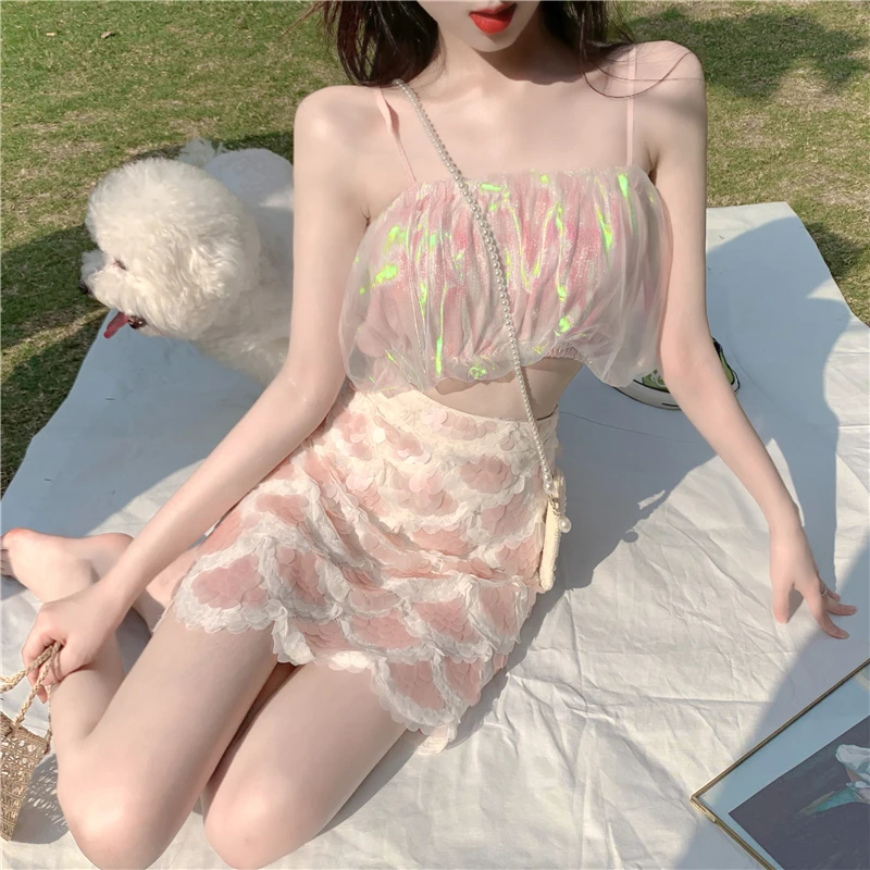 

2020 New Summer A-line Skirt For Women Mermaid Ji Sequined Skirt Colorful Rainbow Sling Harajuku Sweet Two-piece Female Suit