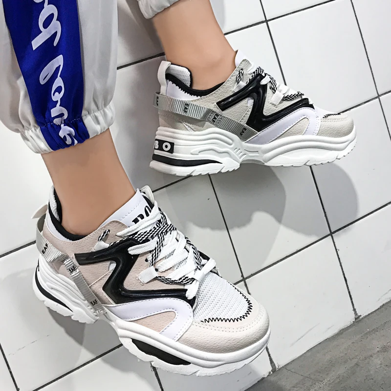 Массивные кроссовки унисекс кожаная сетчатая обувь на платформе толстая подошва