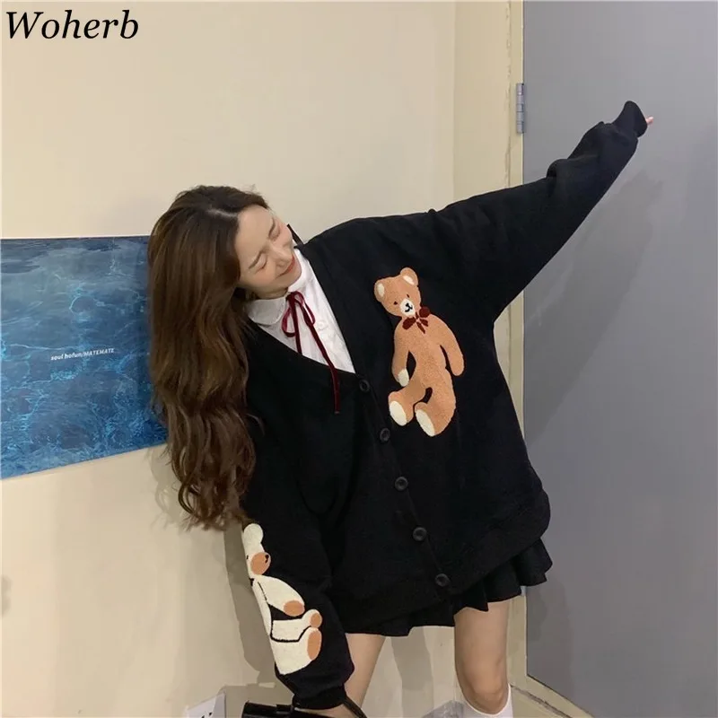Woherb винтажный Модный свитер женский однобортный Кардиган с длинным рукавом с рисунком медведя свободные вязаные топы Harajuku корейский