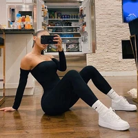 2020 autumn women winter sexy strapless jumpsuit streetwear long sleeve bodycon solid sport fitness romper overalls for women