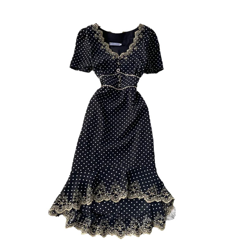 

Summer New Temperament Vestidos Women's V-neck Waist Slimming Retro Embroidery Fishtail Skirt Sweet Polka Dot Midi Dress GL108
