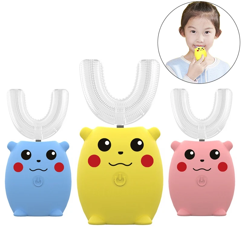 Cepillo de dientes el&eacute;ctrico s&oacute;nico para Beb&eacute; y Ni&ntilde;o, cuidado Dental inteligente en forma de U, de silicona, autom&aacute;tico, con dibujos animados-0