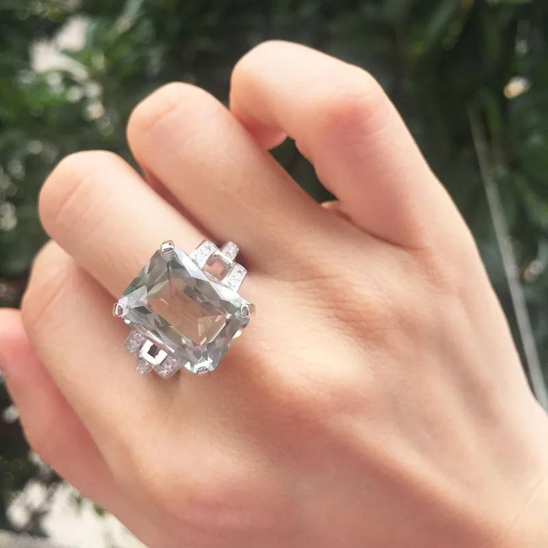 CSJ натуральный зеленый аметист кварц Регулируемые модные кольца 925 пробы серебро