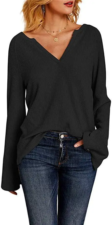 

Spring and summer new waffle flared sleeve casual fashion V-neck women's T-Shirt Top