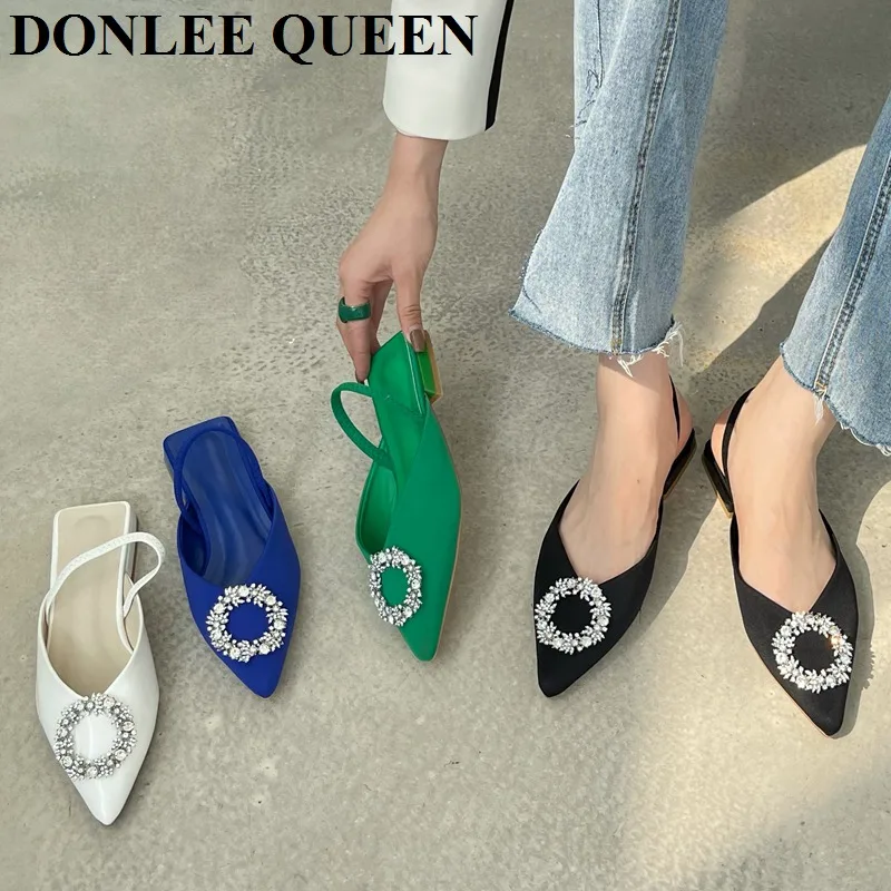 Sandalias de marca de lujo para Mujer, zapatos de punta plana con tira trasera de cristal, sin cordones, para vacaciones, fiesta, diamantes de imitación, 2022
