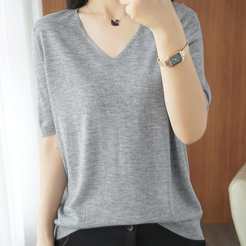 

BOBOKATEER Knitted Women Clothing Short Sleeve T Shirt Camisetas De Mujer Woman Tshirts V-Neck T-shirt Femme T-shirty Damskie